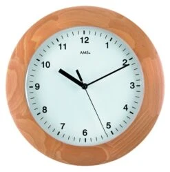 AMS Horloge Murale Radio-pilotée Ronde Entourage Bois Hêtre
