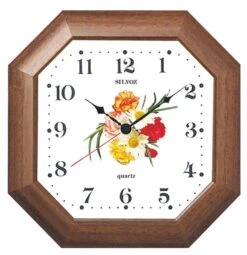 Horloge Murale Bois Teinté Noyer Octogonale Fleurs